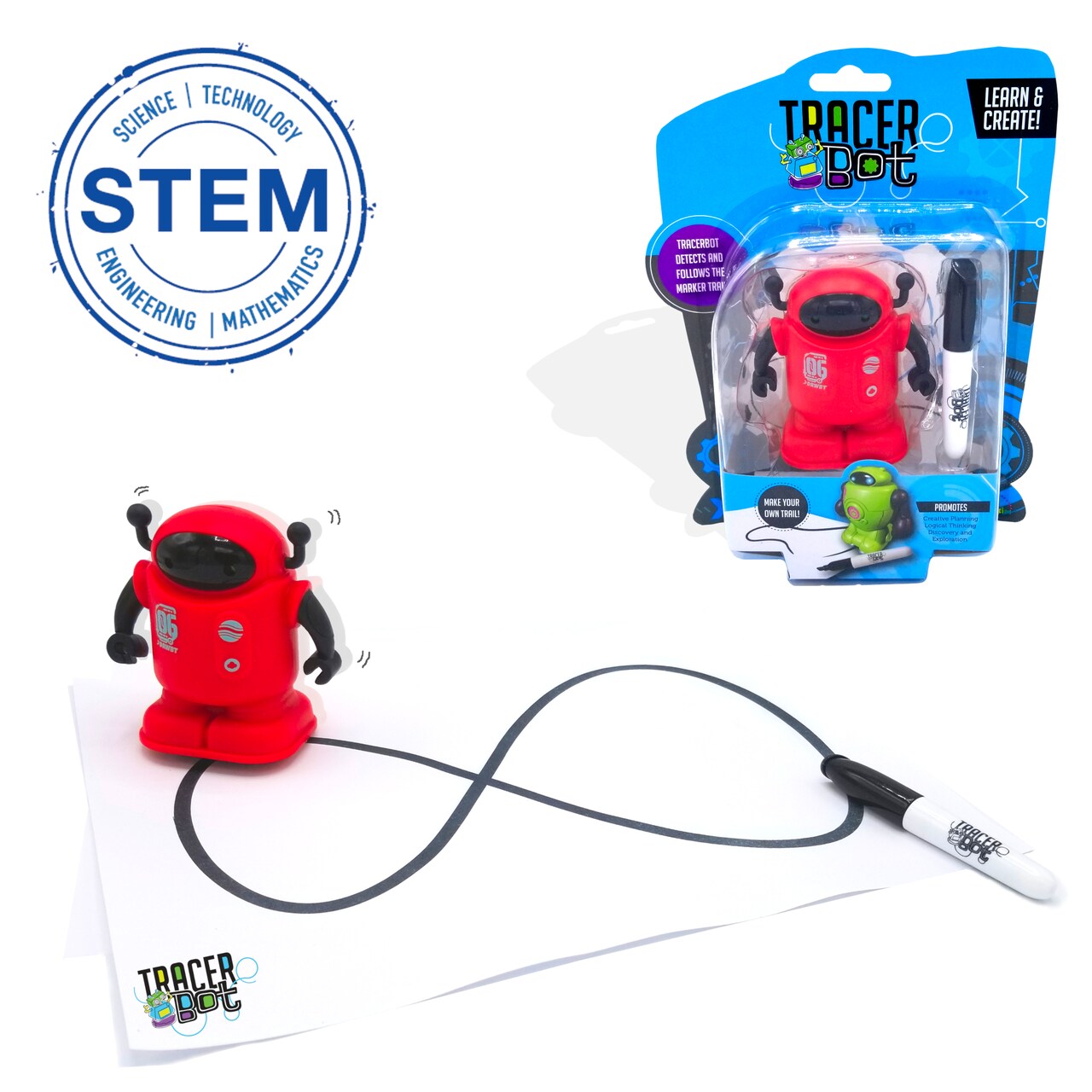 TracerBot - Red – Mini Inductive Robot That Follows the Black Line You Draw. Fun, Educational, and Interactive STEM Toy with Limitless Ways to Play! Promotes Logic and Creativity Training While Having Fun!